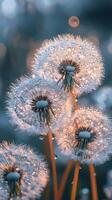 Dew-covered dandelions glistening in soft morning light in a serene outdoor setting photo