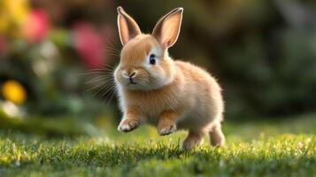 A small rabbit running across a green field photo