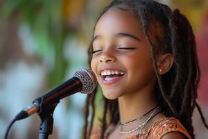 A young girl with dreadlocks singing into a microphone photo