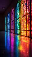 A room with many colorful stained glass windows photo