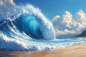 A large wave breaking on the beach photo