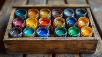 A wooden box filled with paint tubes photo