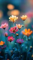 Cosmos flowers in a field with blurred background photo