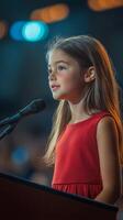 Young girl in red dress standing at podium with microphone photo