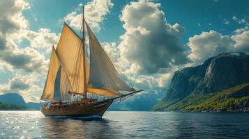 A sailboat in the ocean with mountains in the background photo