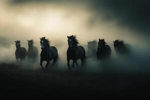 A group of horses running in the fog photo