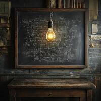 An old blackboard with a light bulb hanging from it photo