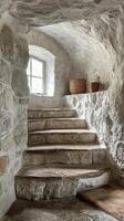 A stone staircase in a cave with a window photo