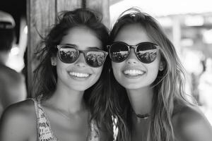 Friends enjoying a sunny day outdoors with stylish sunglasses and bright smiles in a lively atmosphere photo