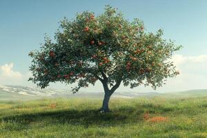 An apple tree in a field with a blue sky photo