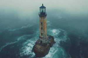 An aerial view of a lighthouse in the ocean photo
