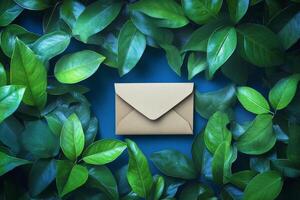 An envelope surrounded by green leaves on a blue background photo