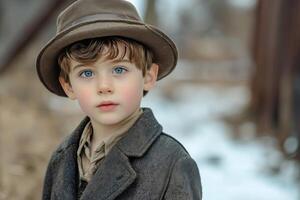 A young boy wearing a hat and coat in the snow photo