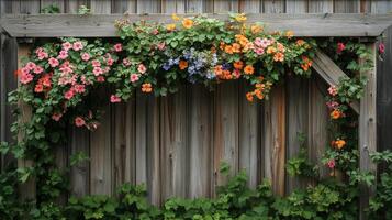 A wooden fence with flowers growing on it photo