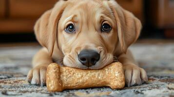 A puppy chewing on a bone photo