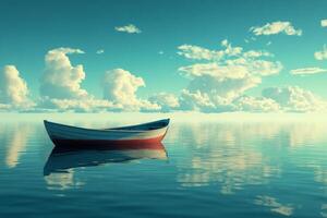 Serenity of a lone boat drifting on calm waters under a bright sky photo