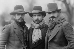 Three men wearing hats and scarves photo
