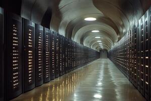 A long hallway with rows of servers in a data center photo