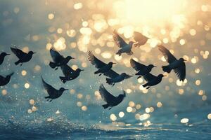 Birds flying over the water with a sun shining behind them photo