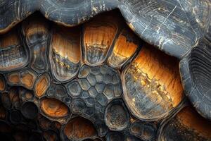 A close up of a turtle shell with black and orange patterns photo
