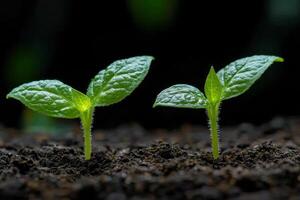 Two young plants growing in the soil photo