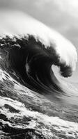 A black and white photo of a large wave