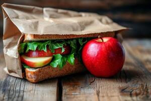 A sandwich and apple on a wooden table photo