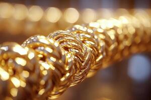 Close up of a gold chain with a bunch of gold beads photo