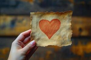 A person holding up a piece of paper with a heart drawn on it photo