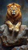 A painting of a lion sitting on a rock photo