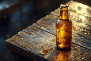 A beer bottle sitting on a wooden table photo