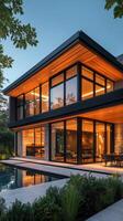 Modern home with pool and outdoor living area photo