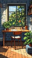 An illustration of a desk in a room with plants photo