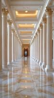 A long hallway with columns and white marble floors photo