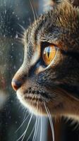 A cat looks out the window while looking at the rain photo