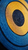 A close up of a blue and yellow circle photo