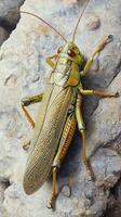 A grasshopper is sitting on a rock photo