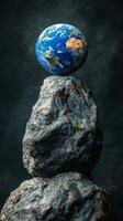 The earth is sitting on top of a rock photo