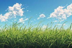 Golden grass sways gently under bright blue sky in open field during sunlight hours photo