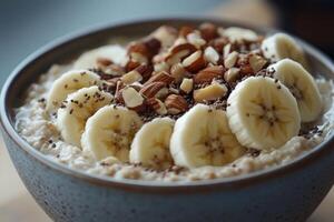 Bananas, oats and nuts in a bowl photo