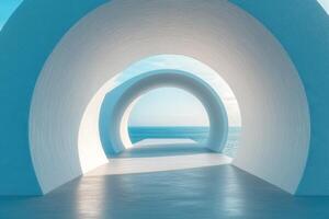 A tunnel with white walls and blue sky photo