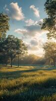 A field with trees and grass at sunset photo