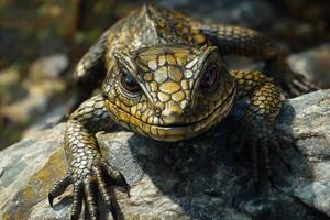 A lizard is sitting on a rock photo