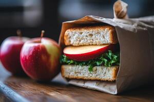 A sandwich with apples and lettuce in a paper bag photo