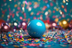 Blue ball on a blue background with confetti photo