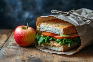 A sandwich and an apple on a wooden table photo