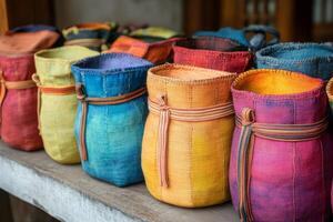 Colorful bags lined up on a shelf photo