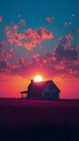 A house in the middle of a field at sunset photo