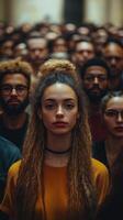 A woman with long hair standing in front of a crowd photo
