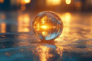 A glass ball with a glowing light on it photo